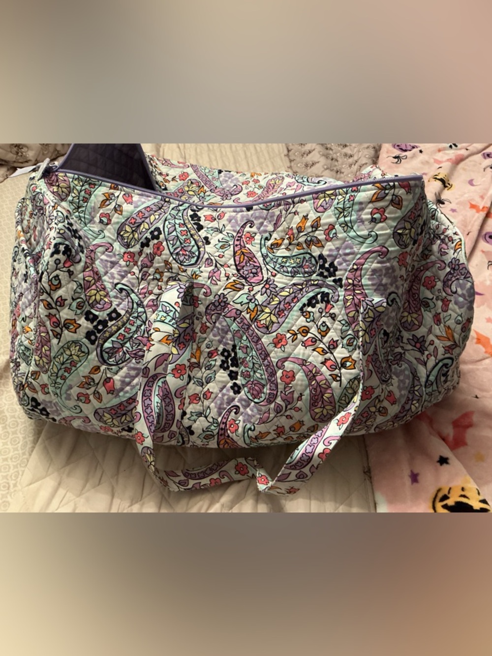 Vera Bradley Paisley Quilted Travel Duffel in Mint, Purple, Pink